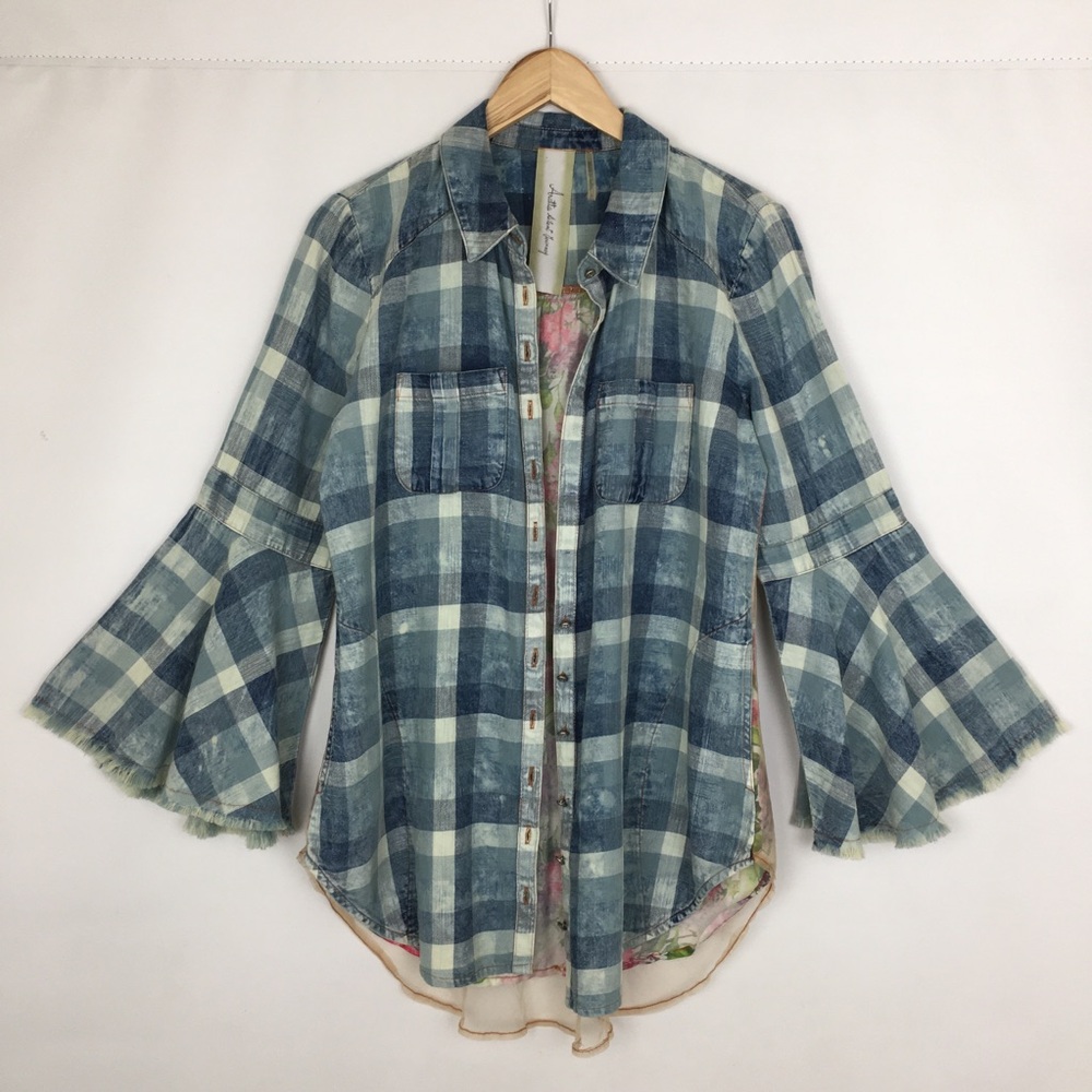 Aratta Silent Journey Plaid Chambray Floral Embroidered Button Down Top Blouse - Picture 2 of 16